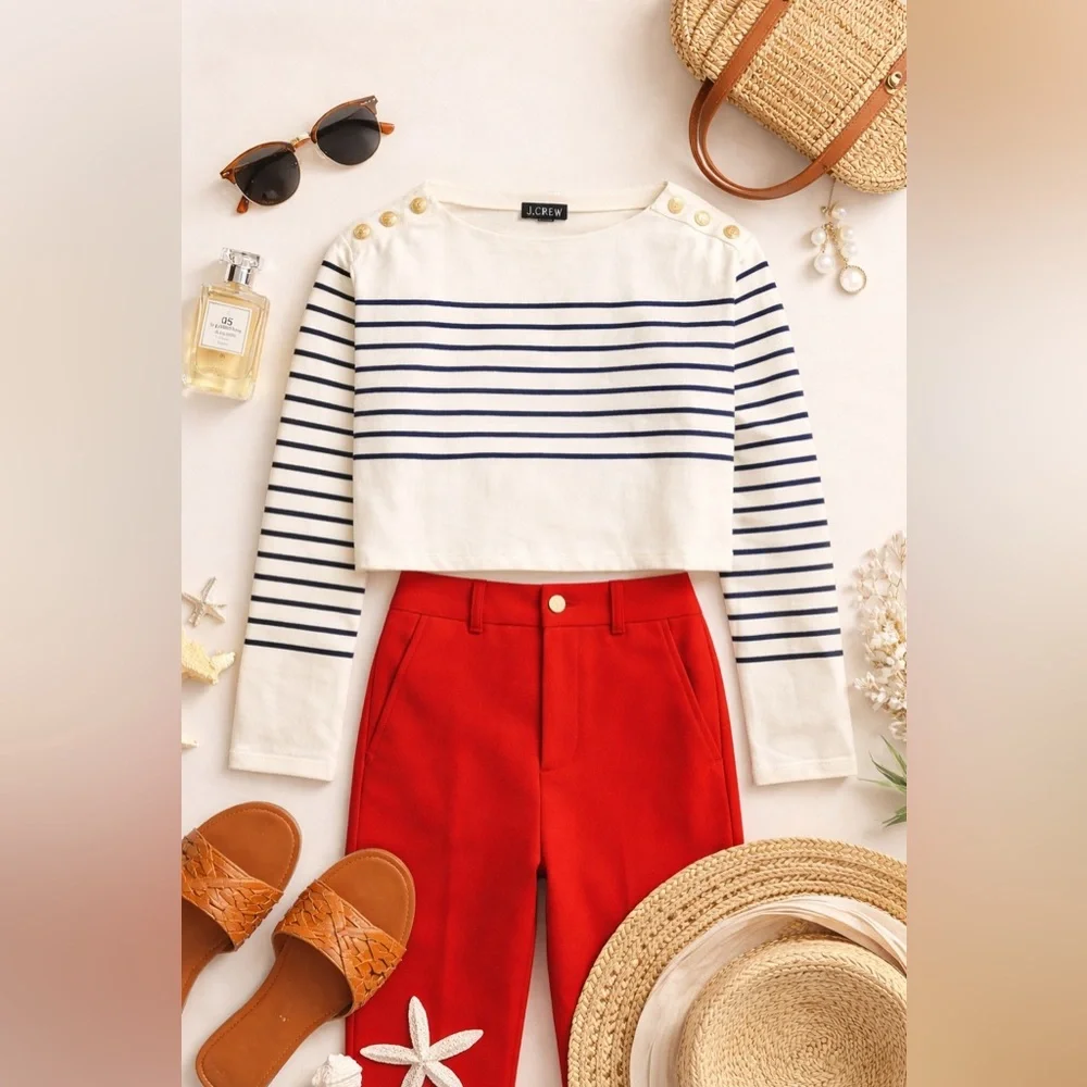 J.Crew Cropped Boatneck Mariner Stripe Tee w/ Gold Buttons - Picture 4 of 4